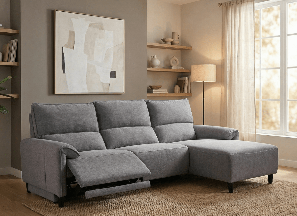 Canapé d’angle relax électrique en tissu gris foncé LUDMILA - Angle droit - DécoInParis