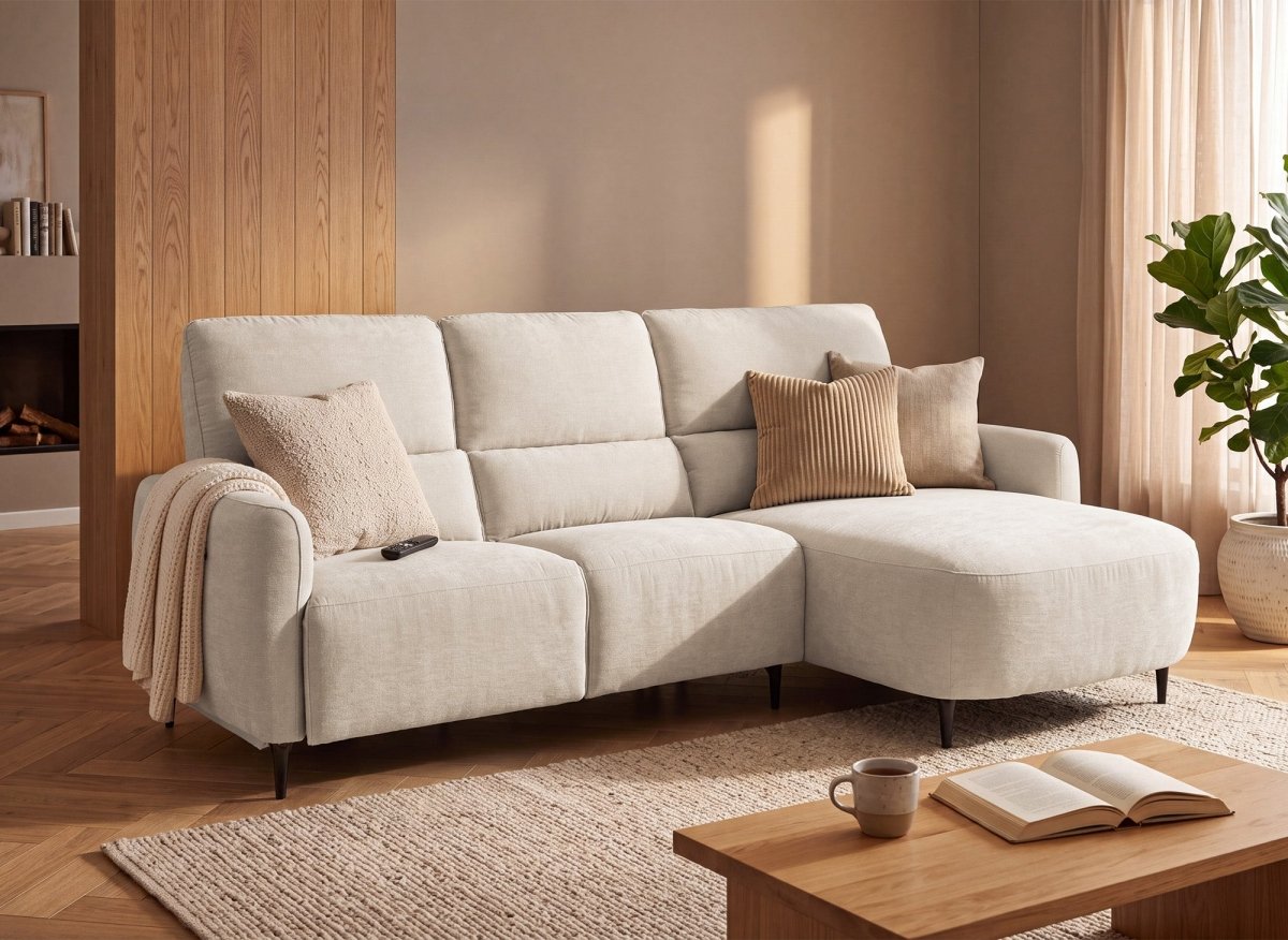 Canapé d'angle relax électrique en tissu texturé beige LAHYS - Angle droit - DécoInParis