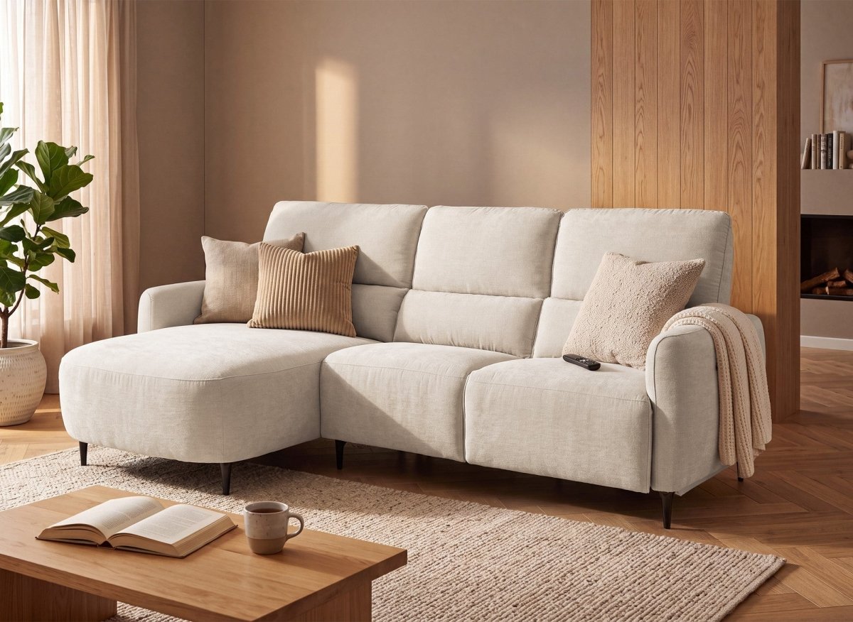 Canapé d'angle relax électrique en tissu texturé beige LAHYS - Angle gauche - DécoInParis