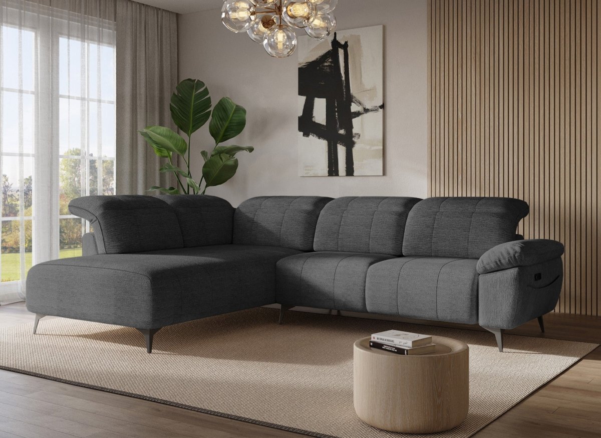 Canapé d'angle relax électrique en velours chiné gris SOLINA - Angle gauche - DécoInParis