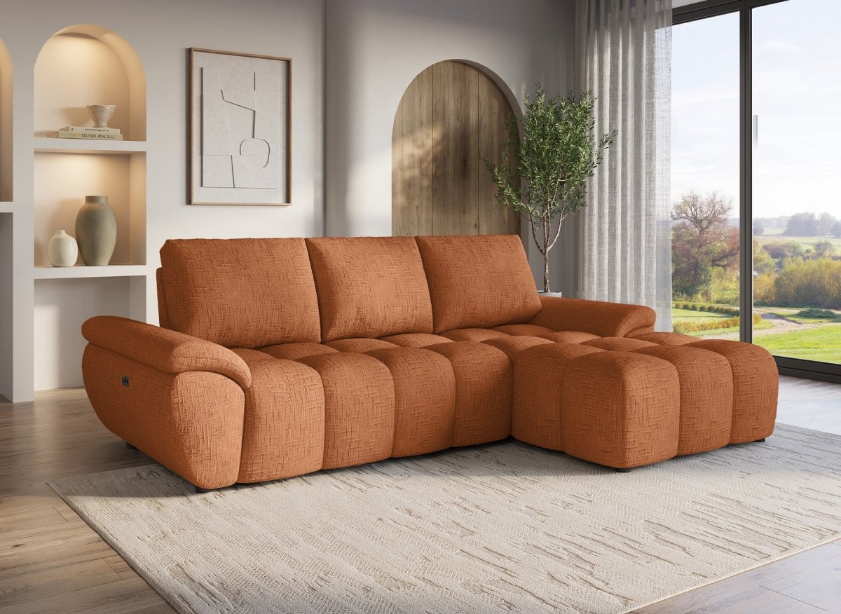 Canapé d’angle relax électrique en velours chiné terracotta ALPES - Angle droit - DécoInParis