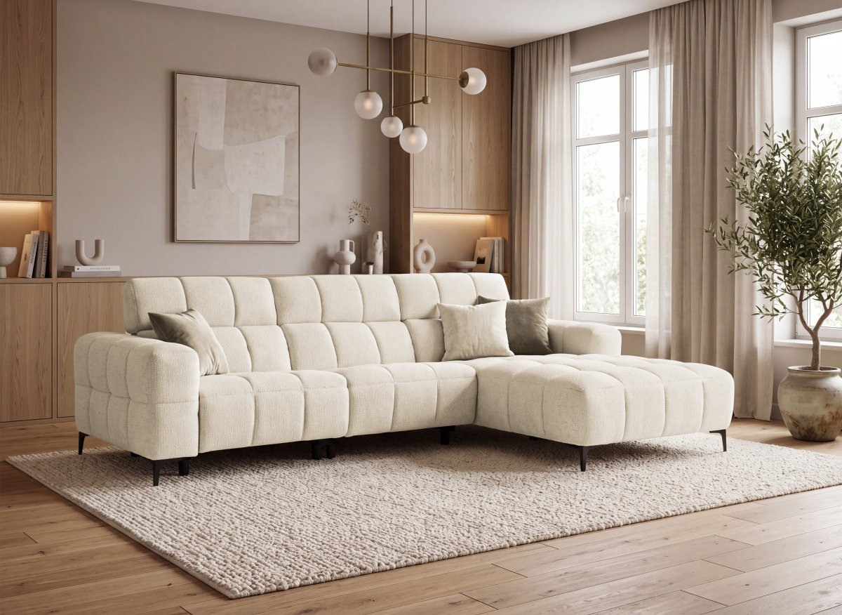 Canapé d'angle relax électrique en velours texturé beige EDELMIRA - Angle droit - DécoInParis
