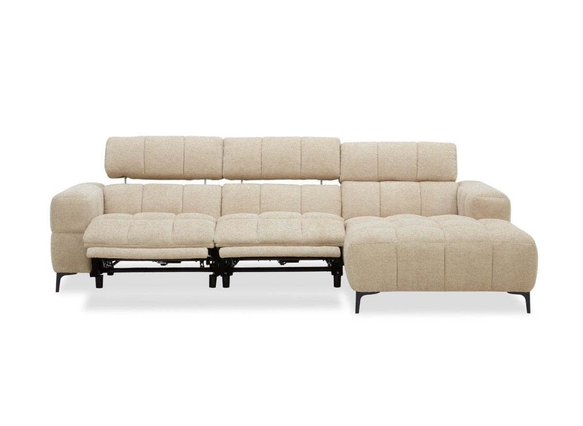 Canapé d'angle relax électrique en velours texturé taupe EDELMIRA - Angle droit - DécoInParis