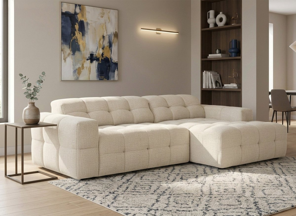 Canapé d'angle relax en velours texturé beige FEDORA - Angle droit - DécoInParis
