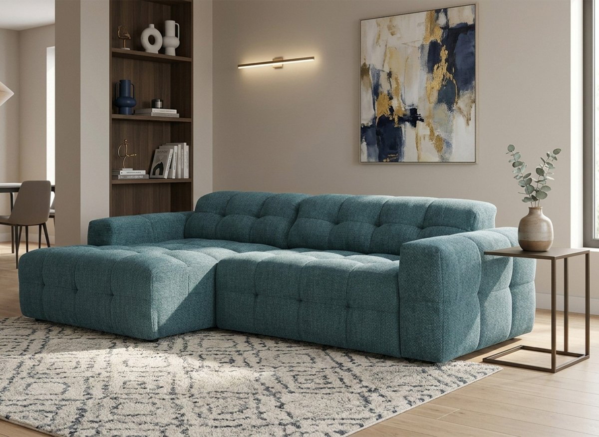 Canapé d'angle relax en velours texturé bleu FEDORA - Angle gauche - DécoInParis