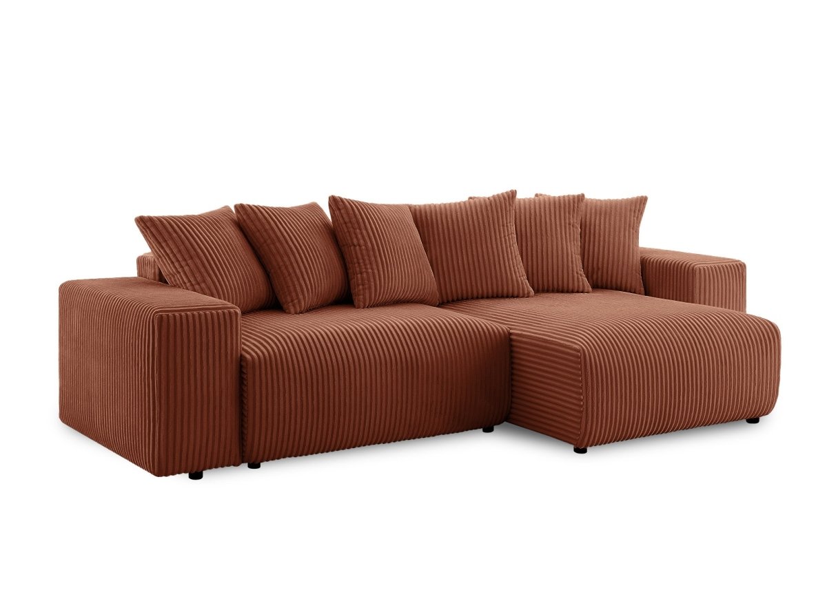 Canapé d'angle réversible convertible avec coffre en velours côtelé épais terracotta NOELIA - DécoInParis