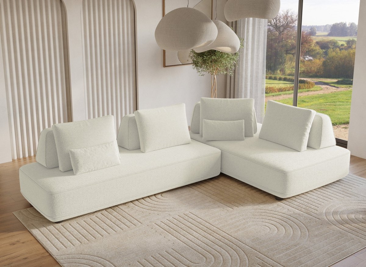 Canapé d'angle réversible en tissu bouclette beige ISAORA - DécoInParis