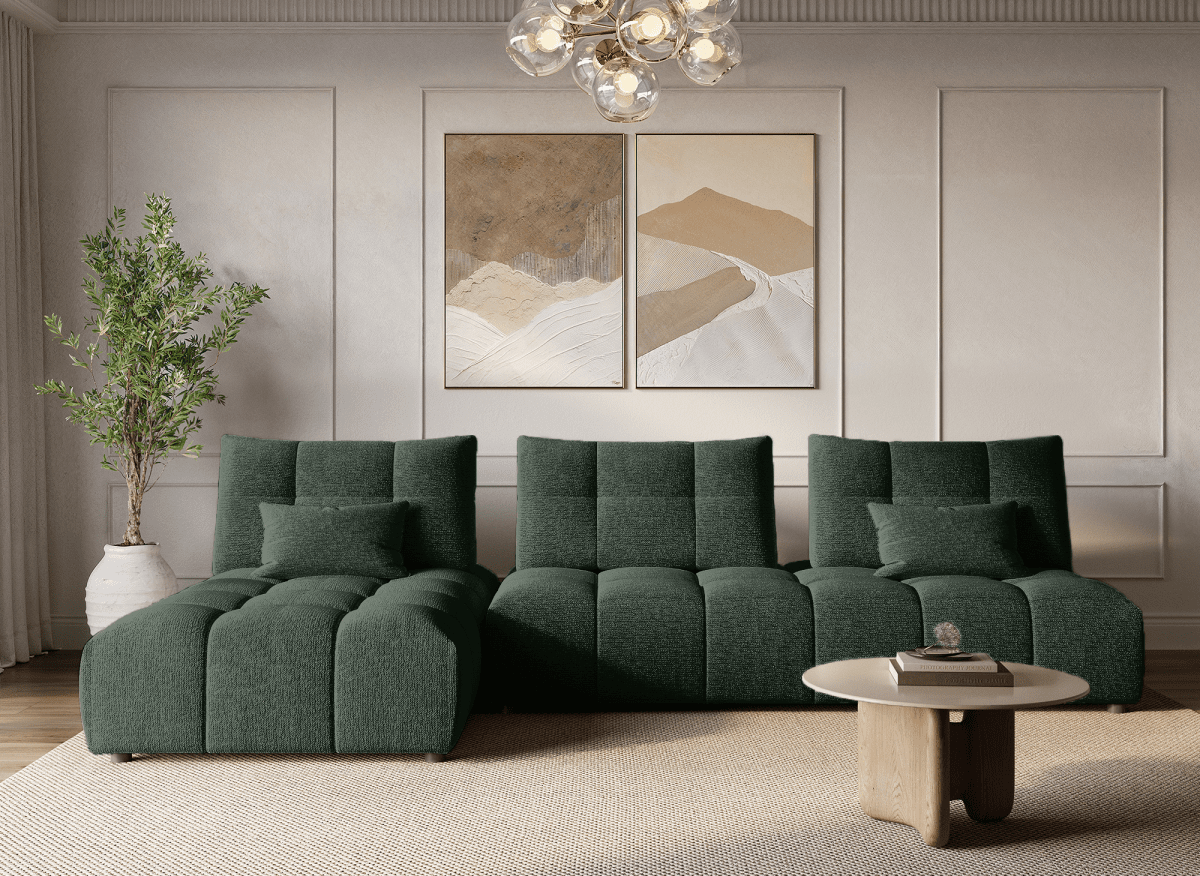 Canapé d'angle réversible en velours texturé vert kaki ALANA - DécoInParis