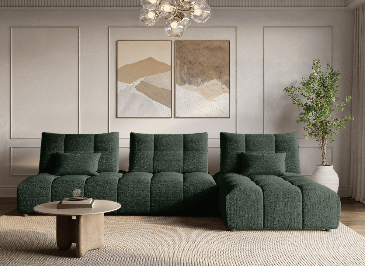 Canapé d'angle réversible en velours texturé vert kaki ALANA - DécoInParis