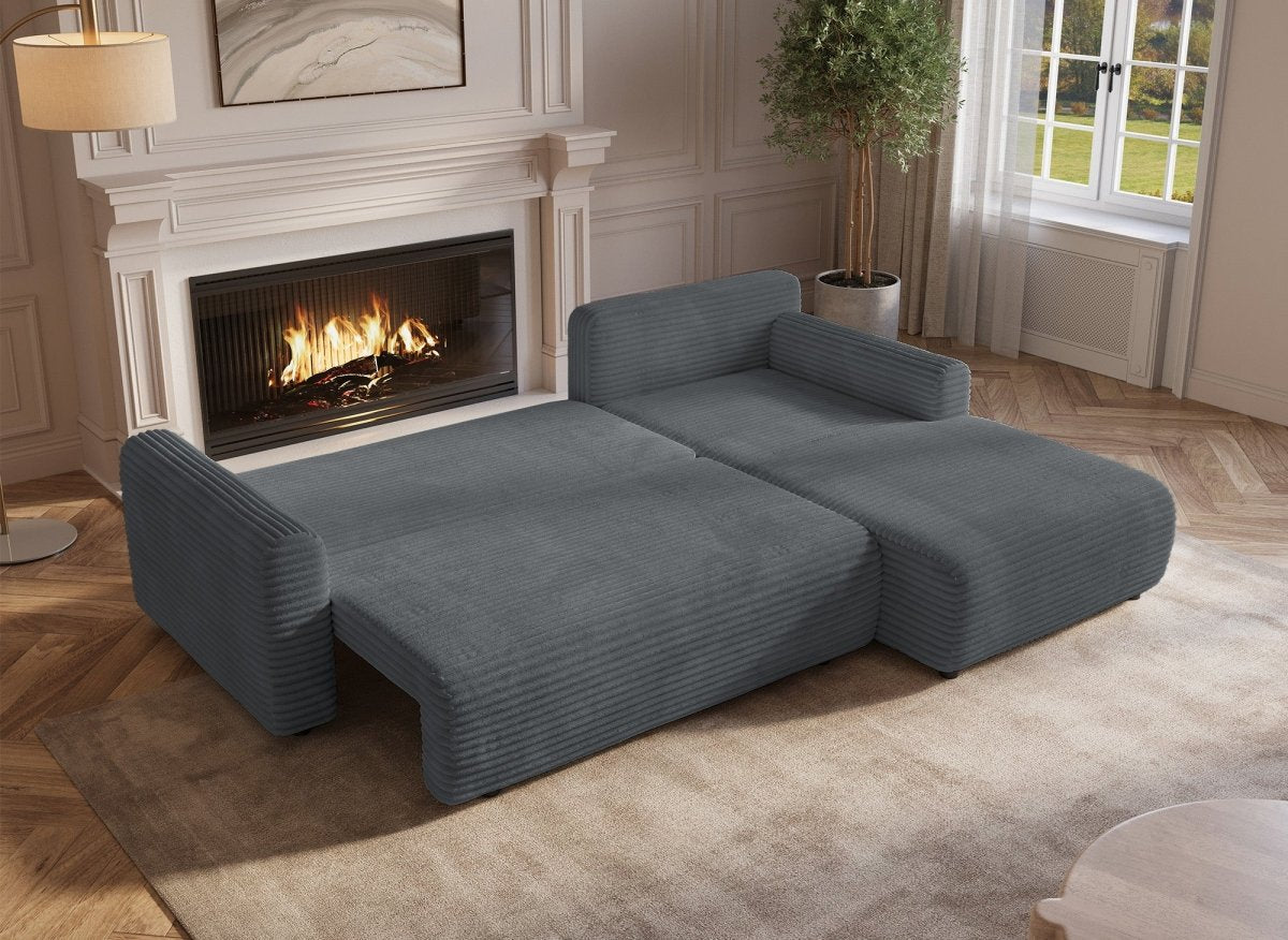 Canapé d'angle réversible et convertible avec coffre en velours côtelé épais gris foncé KATIA - DécoInParis