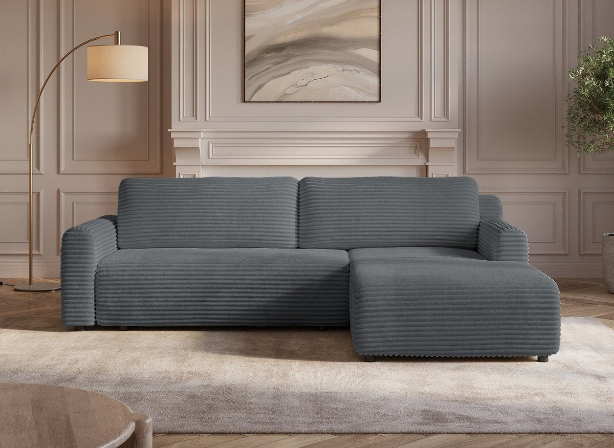 Canapé d'angle réversible et convertible avec coffre en velours côtelé épais gris foncé KATIA - DécoInParis