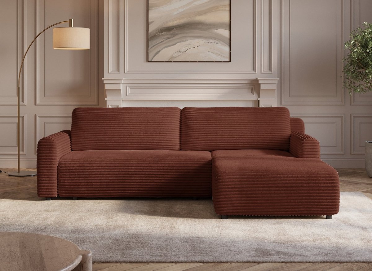 Canapé d'angle réversible et convertible avec coffre en velours côtelé épais terracotta KATIA - DécoInParis