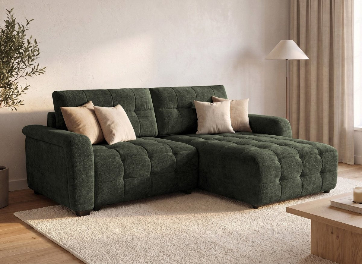 Canapé d'angle réversible et convertible avec coffres en velours tissé vert olive LAUREANE - DécoInParis