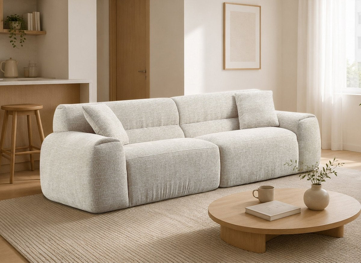 Canapé droit 3 places en velours texturé beige TAYLOR - DécoInParis