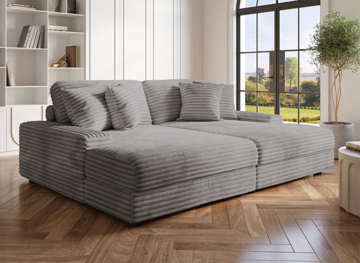 Canapé droit méridienne 2 places en gros côtelé doux gris DAHO - DécoInParis