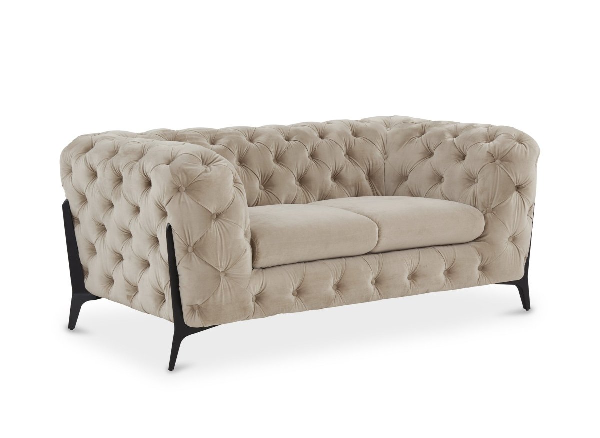 Canapé fixe 2 places capitonné chesterfield velours beige CARMEN - DécoInParis