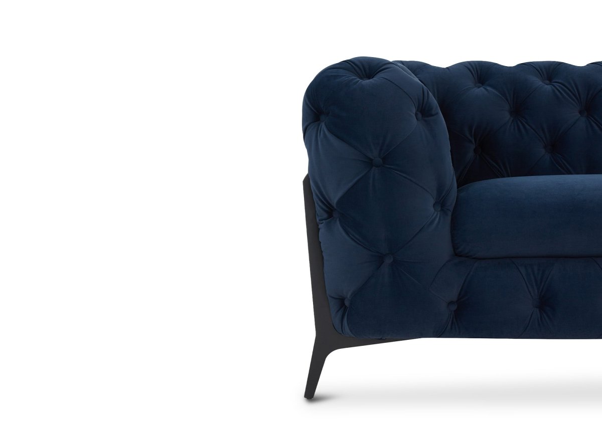 Canapé fixe 2 places capitonné chesterfield velours bleu CARMEN - DécoInParis