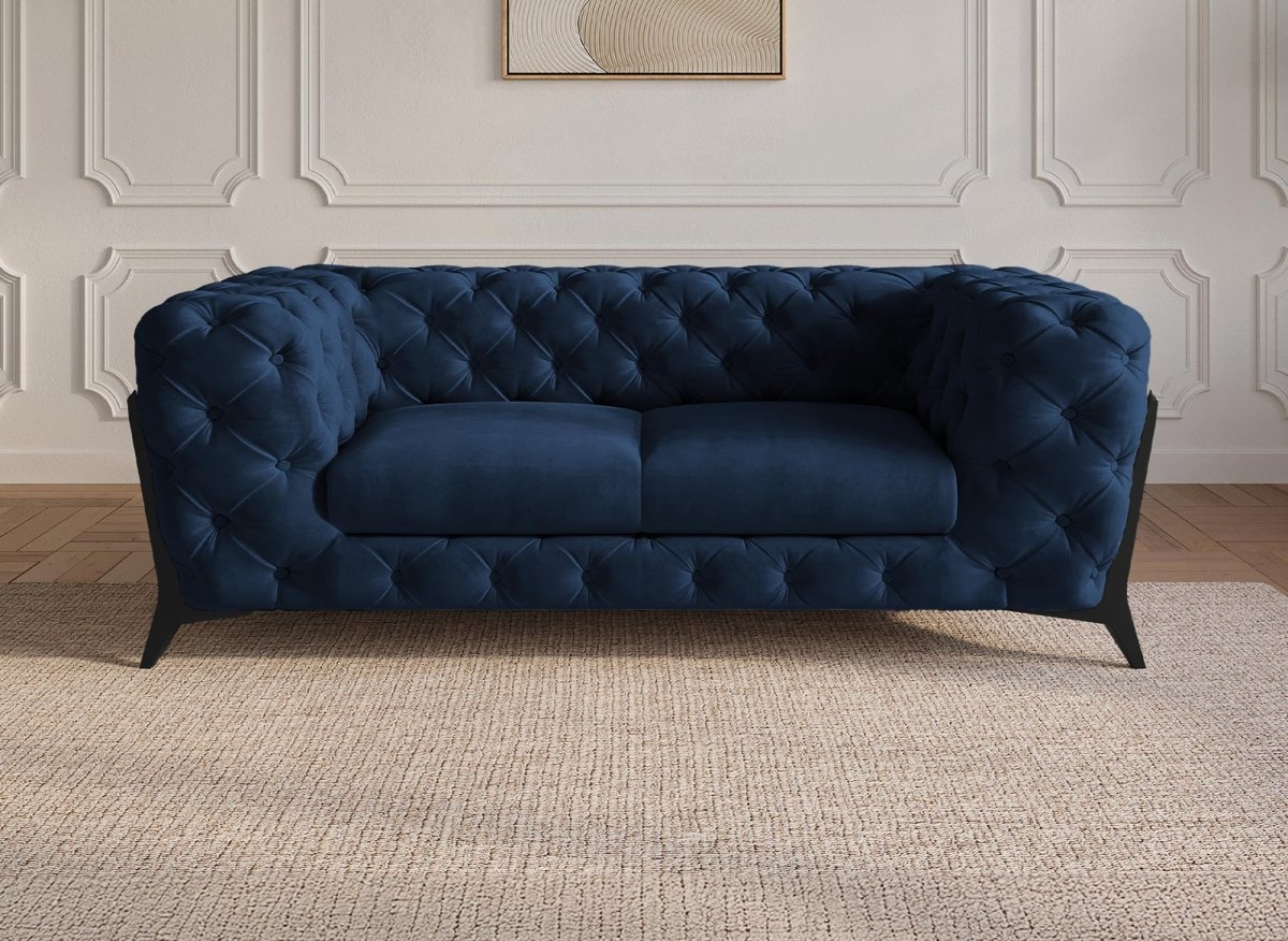 Canapé fixe 2 places capitonné chesterfield velours bleu CARMEN - DécoInParis