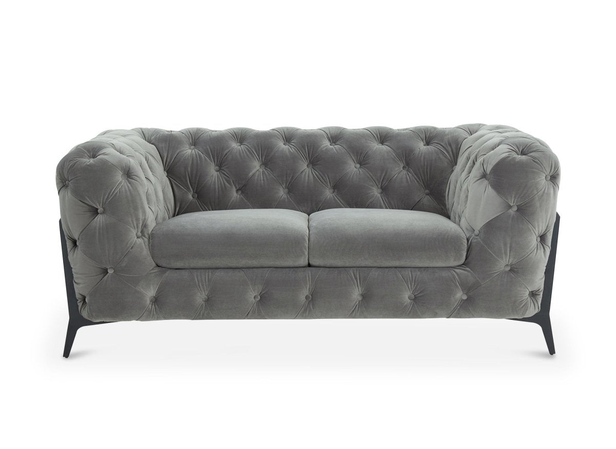 Canapé fixe 2 places capitonné chesterfield velours gris CARMEN - DécoInParis