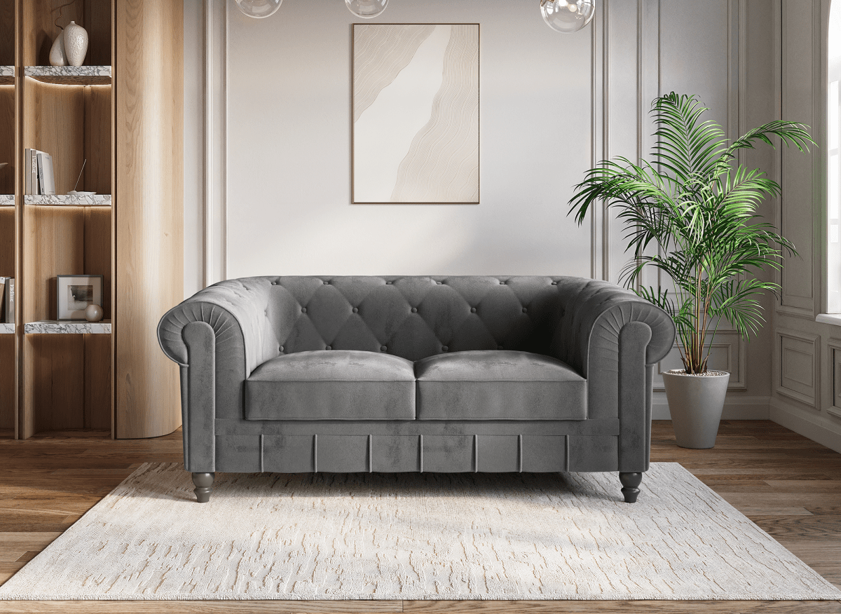 Canapé fixe 2 places velours Gris CHESTERFIELD - DécoInParis