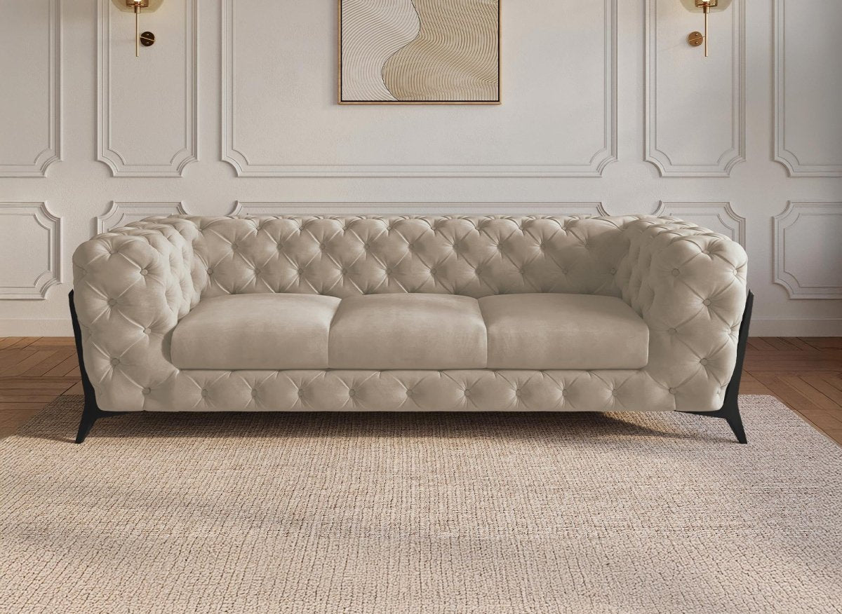 Canapé fixe 3 places capitonné chesterfield velours beige CARMEN - DécoInParis