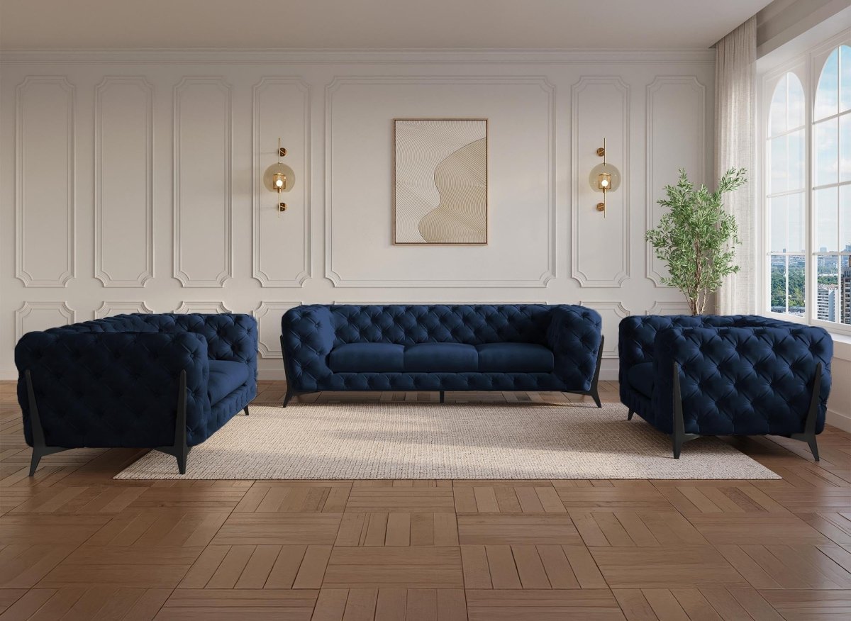 Canapé fixe 3 places capitonné chesterfield velours bleu CARMEN - DécoInParis