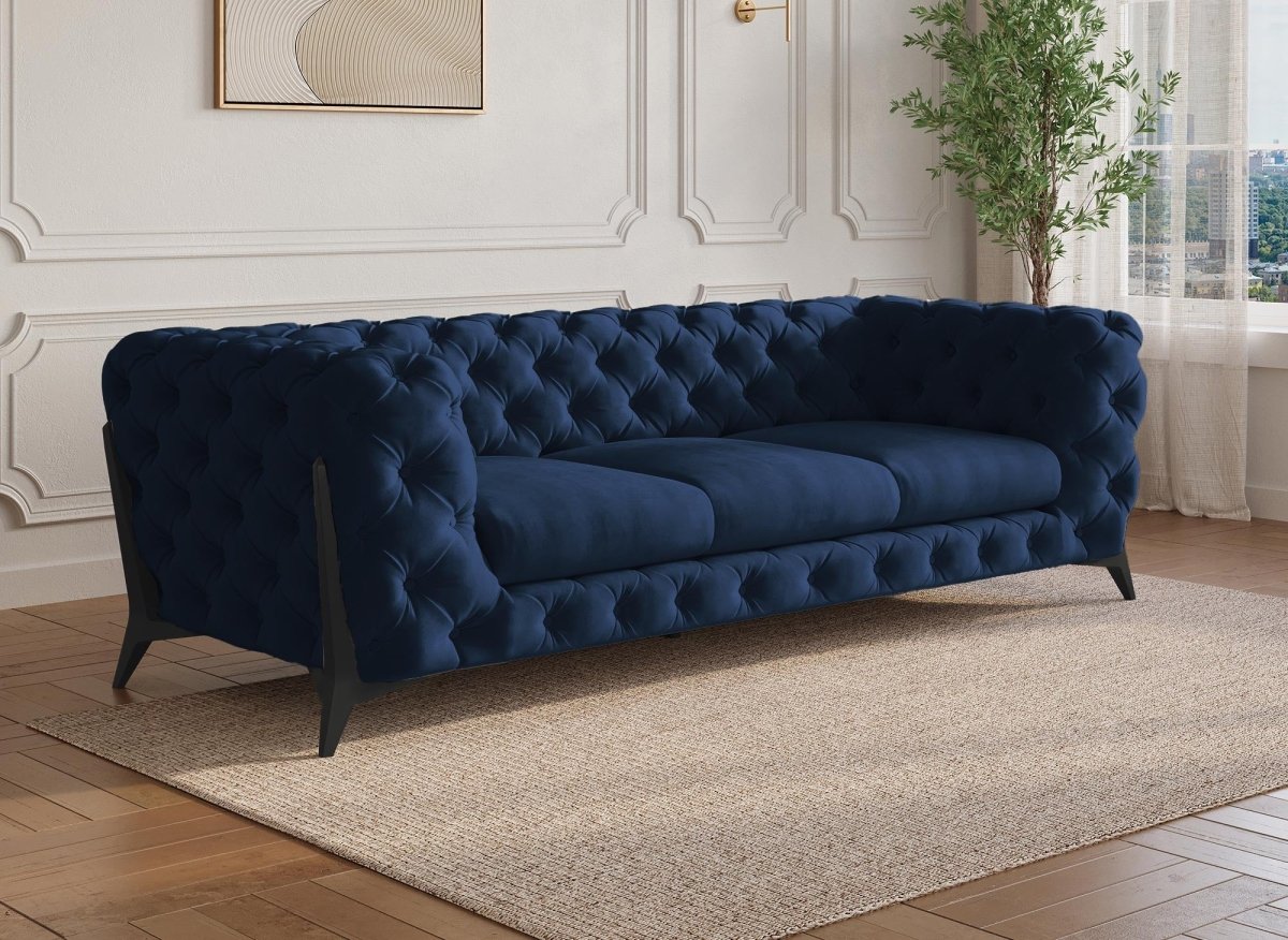 Canapé fixe 3 places capitonné chesterfield velours bleu CARMEN - DécoInParis