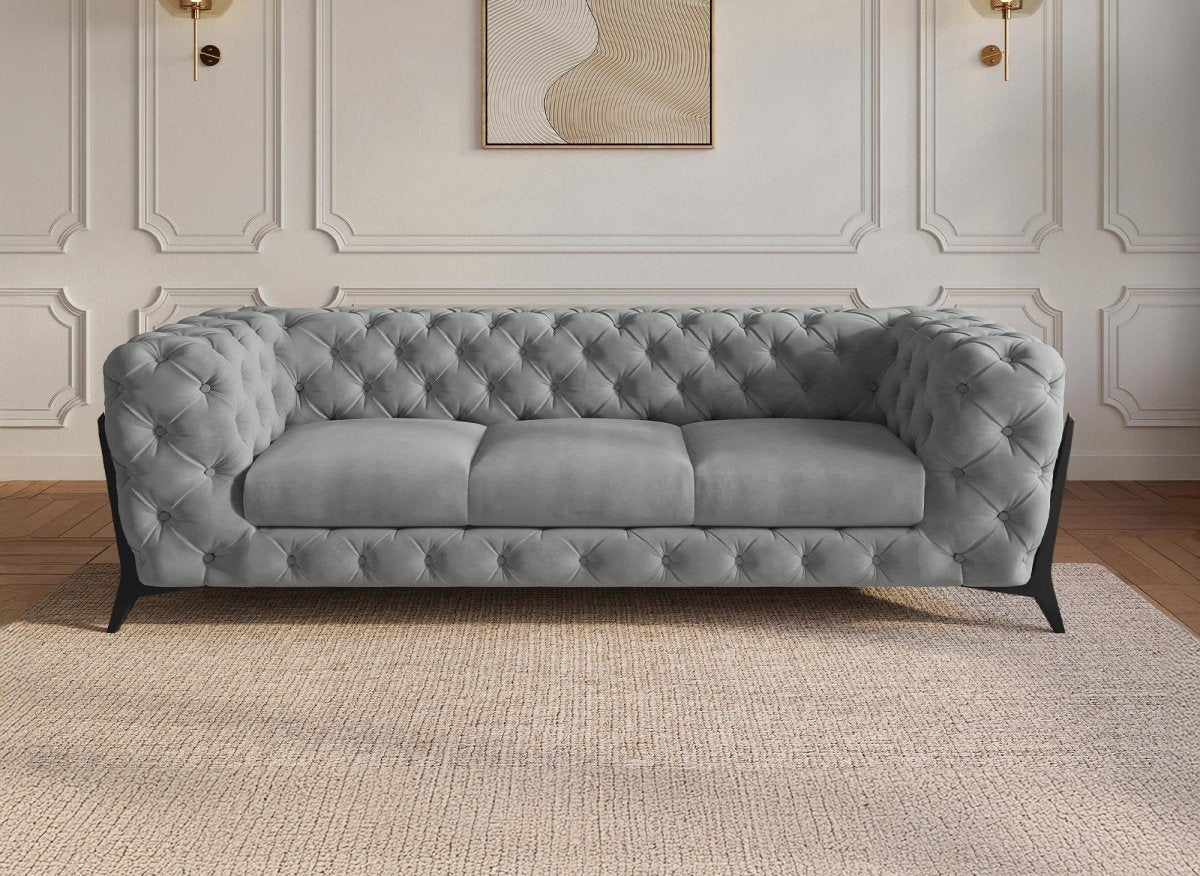 Canapé fixe 3 places capitonné chesterfield velours gris CARMEN - DécoInParis
