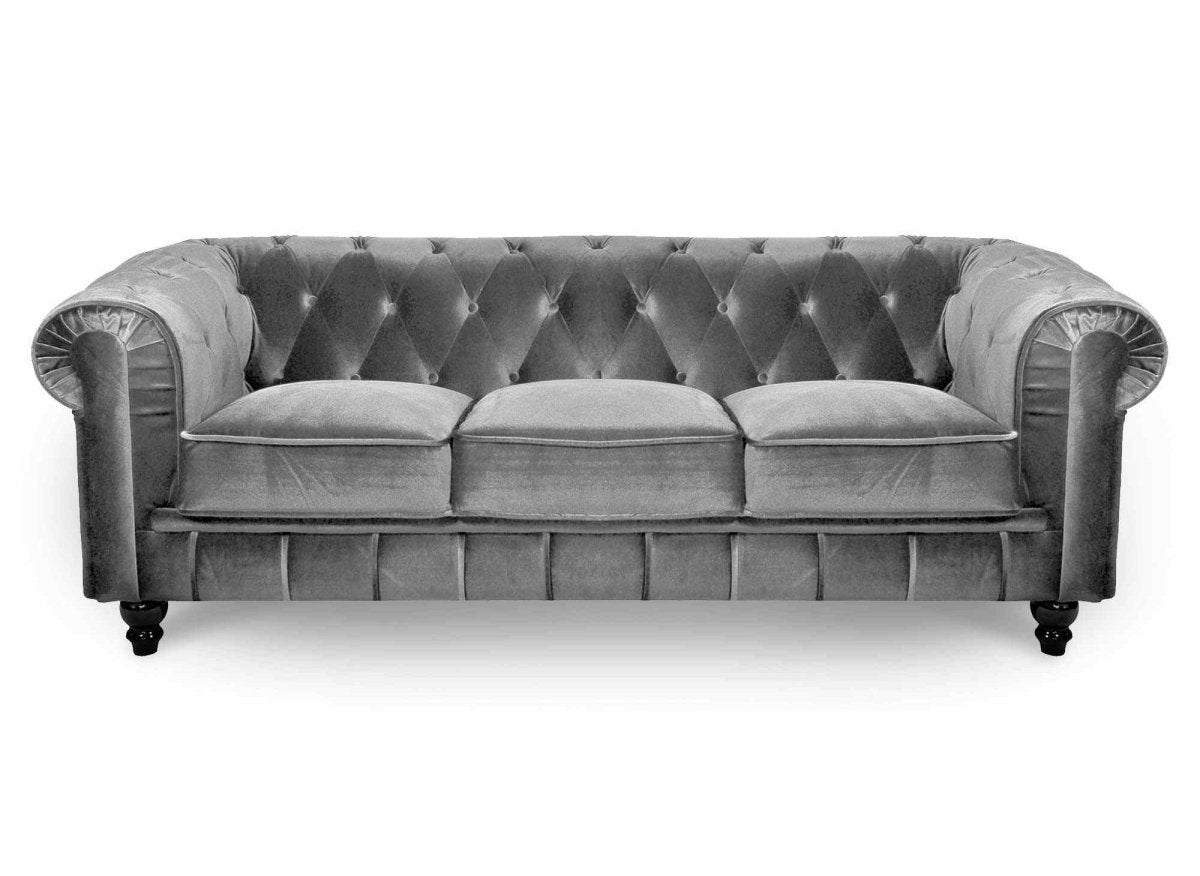 Canapé fixe 3 places velours Gris CHESTERFIELD - DécoInParis