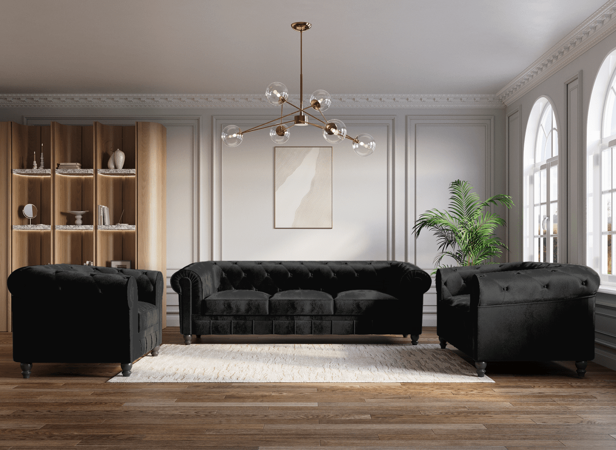 Canapé fixe 3 places velours noir CHESTERFIELD - DécoInParis