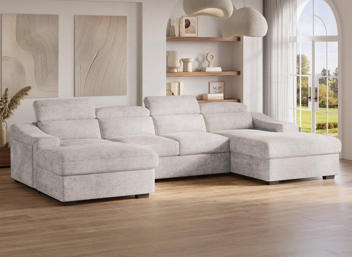 Canapé panoramique convertible avec 2 coffres en velours chiné beige VELORA - DécoInParis