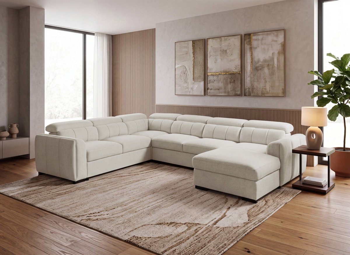 Canapé panoramique convertible avec coffre en tissu bouclette beige NAJAH - Angle droit - DécoInParis