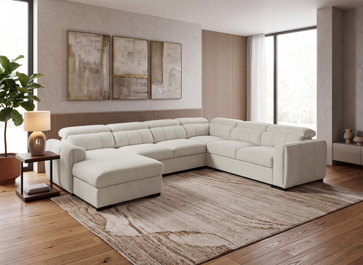 Canapé panoramique convertible avec coffre en tissu bouclette beige NAJAH - Angle gauche - DécoInParis