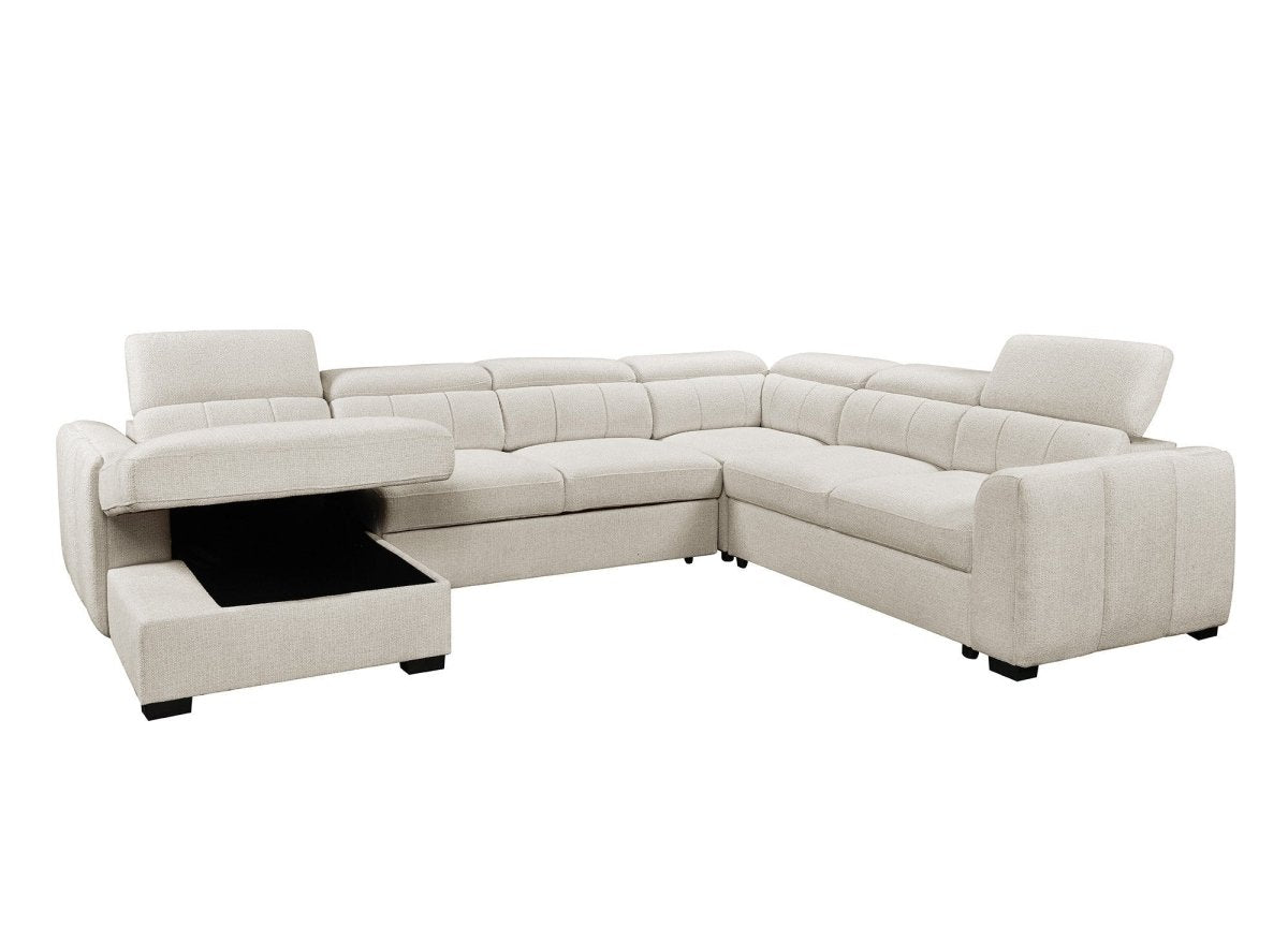 Canapé panoramique convertible avec coffre en tissu texturé beige NAJAH - Angle gauche - DécoInParis
