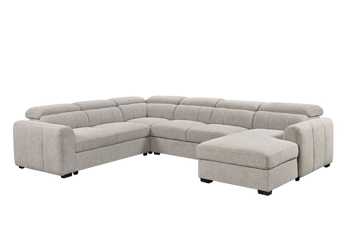 Canapé panoramique convertible avec coffre en tissu texturé taupe NAJAH - Angle droit - DécoInParis