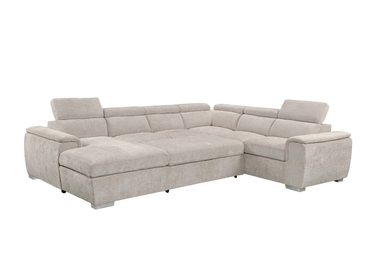 Canapé panoramique convertible avec coffre en velours chiné beige GAELLE - Angle gauche - DécoInParis