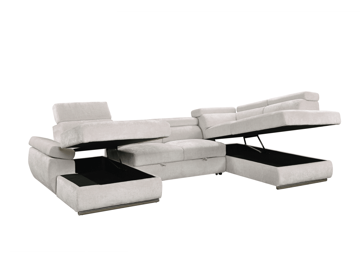 Canapé panoramique convertible avec coffre en velours chiné beige MARIANO - Angle gauche - DécoInParis