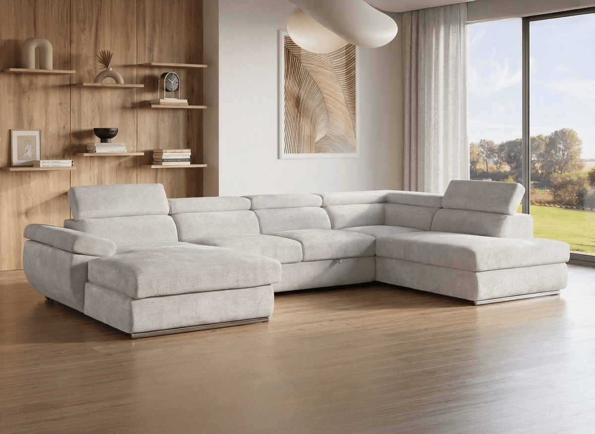 Canapé panoramique convertible avec coffre en velours chiné beige MARIANO - Angle gauche - DécoInParis