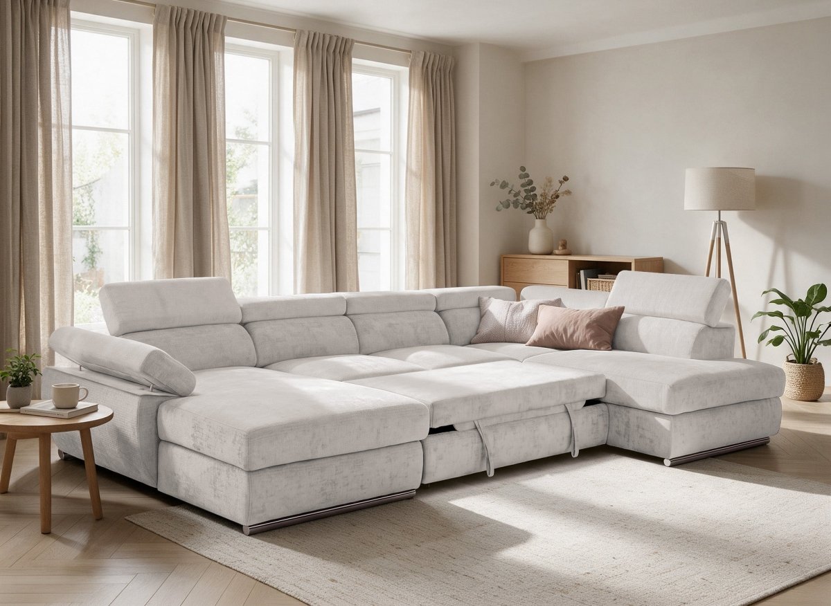 Canapé panoramique convertible avec coffre en velours chiné beige MARIANO- Angle gauche - DécoInParis
