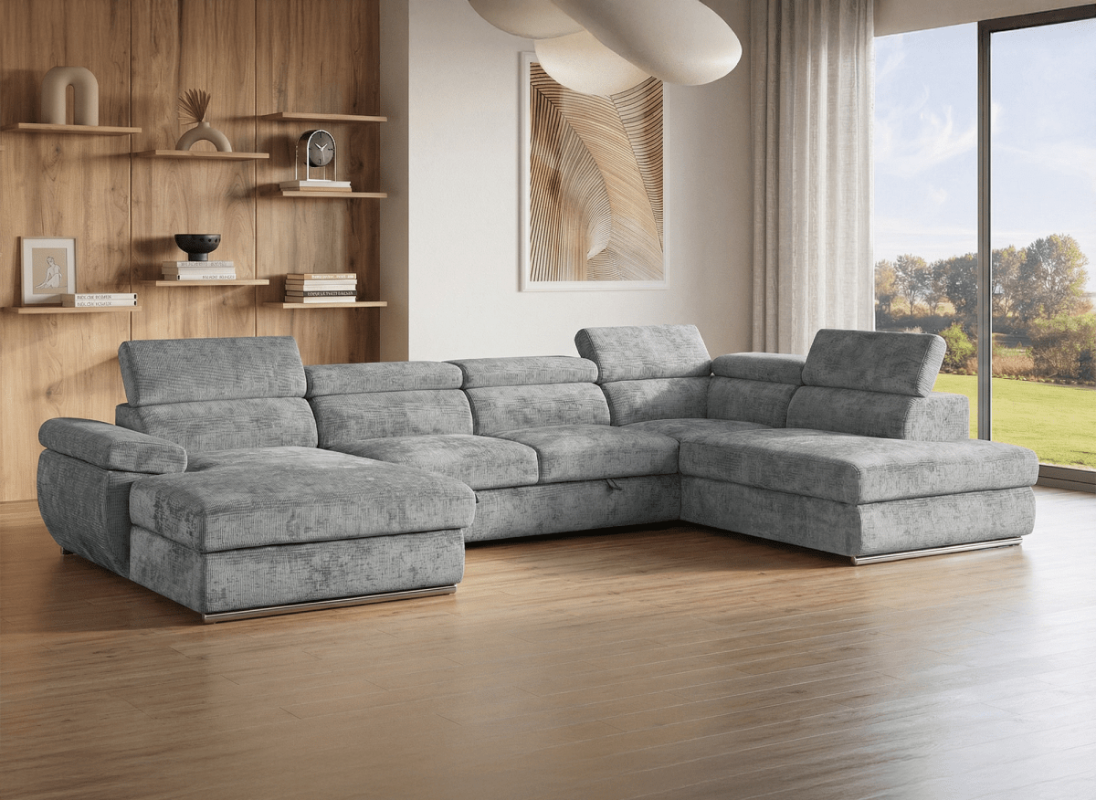 Canapé panoramique convertible avec coffre en velours chiné gris MARIANO - Angle gauche - DécoInParis