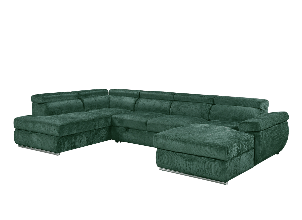Canapé panoramique convertible avec coffre en velours chiné vert olive MARIANO - Angle droit - DécoInParis