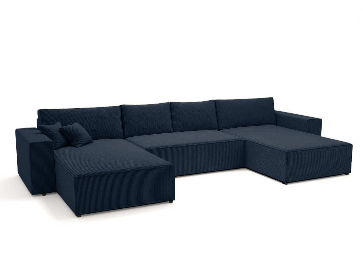 Canapé panoramique convertible avec coffre en velours cotelé bleu foncé - JADE - DécoInParis