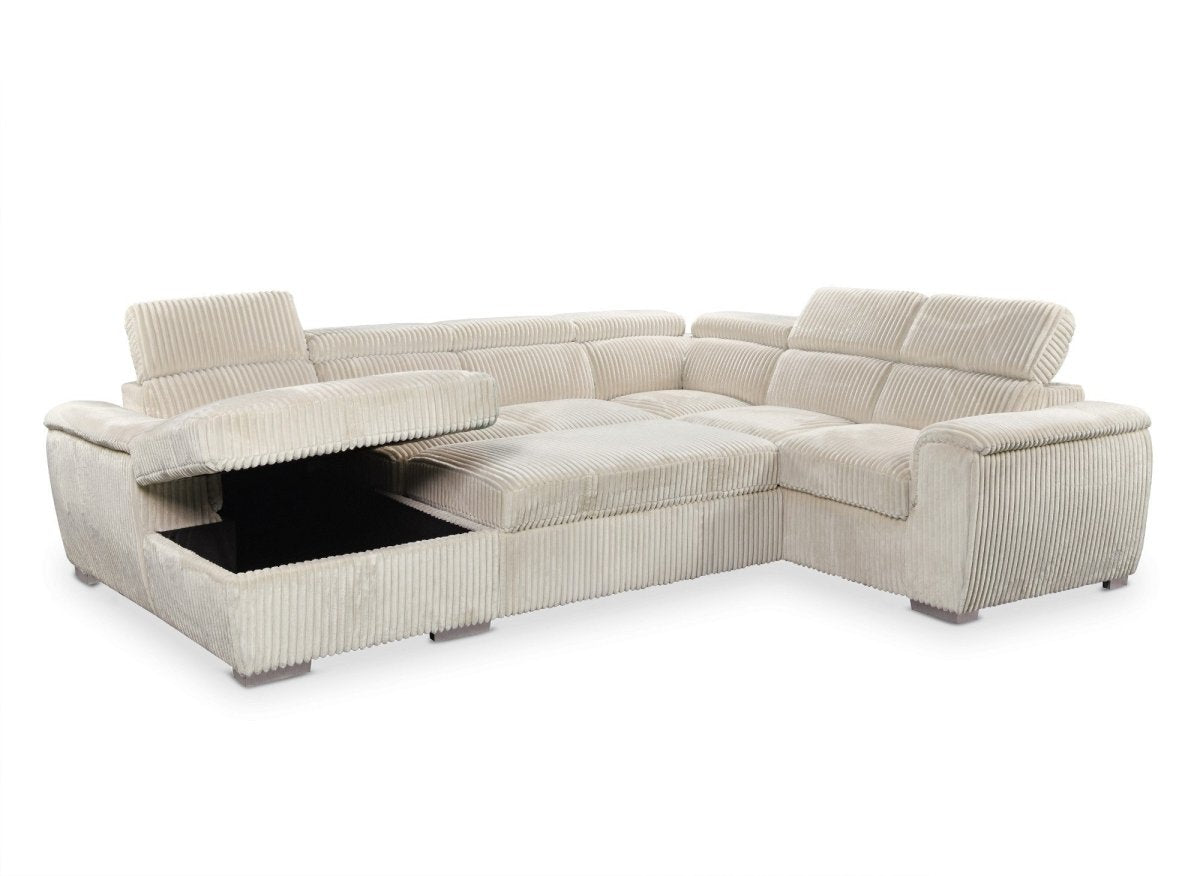 Canapé panoramique convertible avec coffre en velours côtelé épais beige GAELLE - Angle gauche - DécoInParis