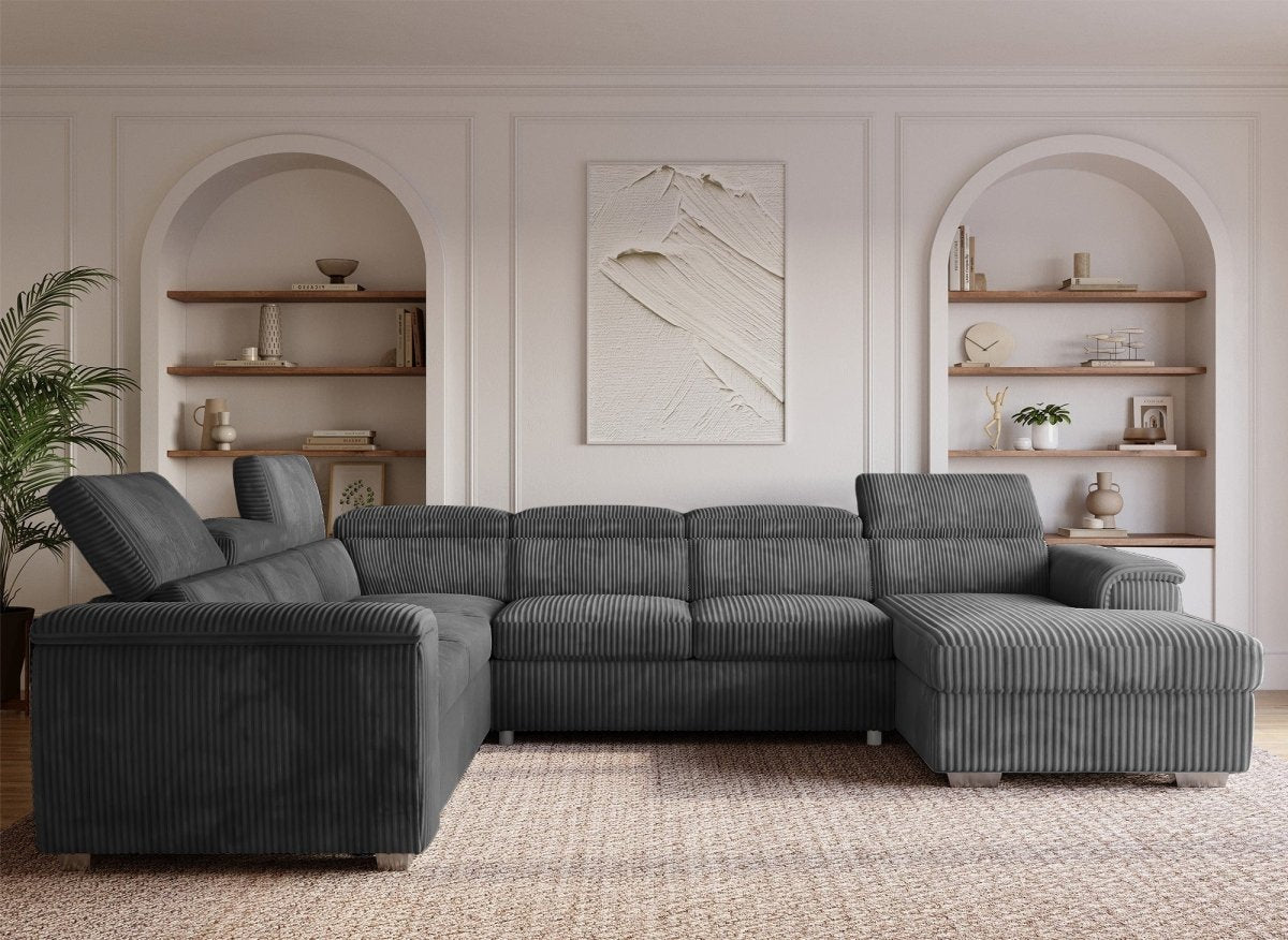 Canapé panoramique convertible avec coffre en velours côtelé épais gris GAELLE - angle droit - DécoInParis
