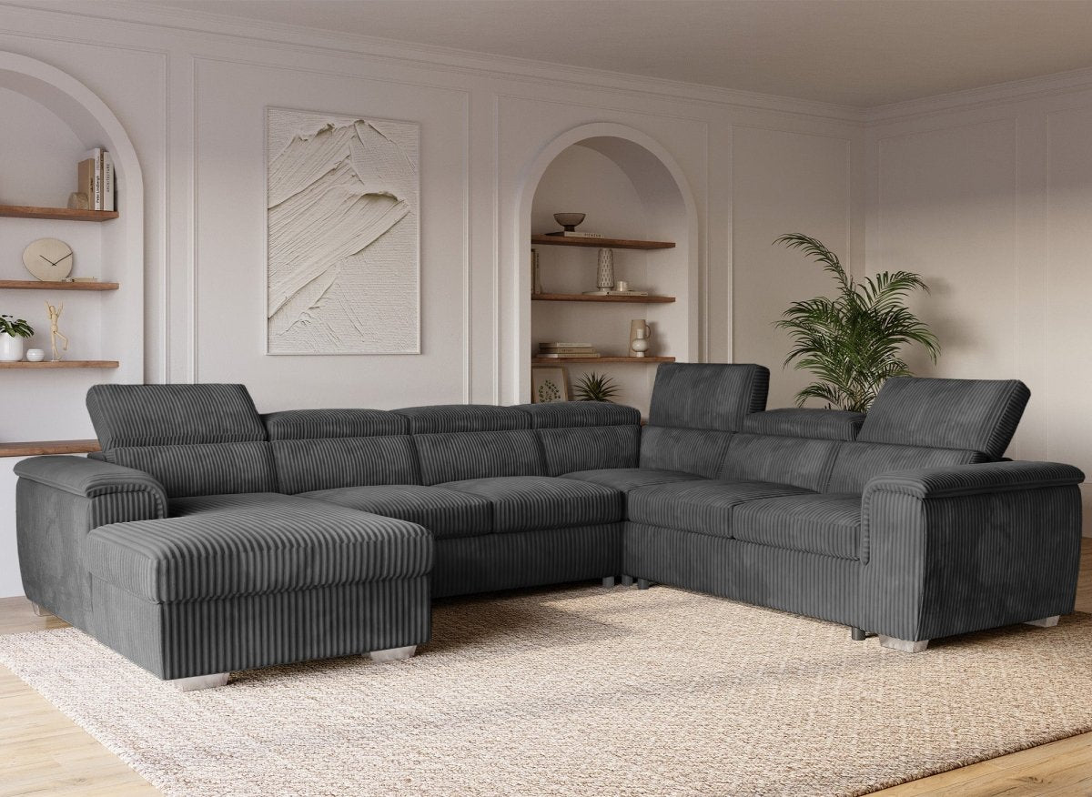 Canapé panoramique convertible avec coffre en velours côtelé épais gris GAELLE - Angle Gauche - DécoInParis