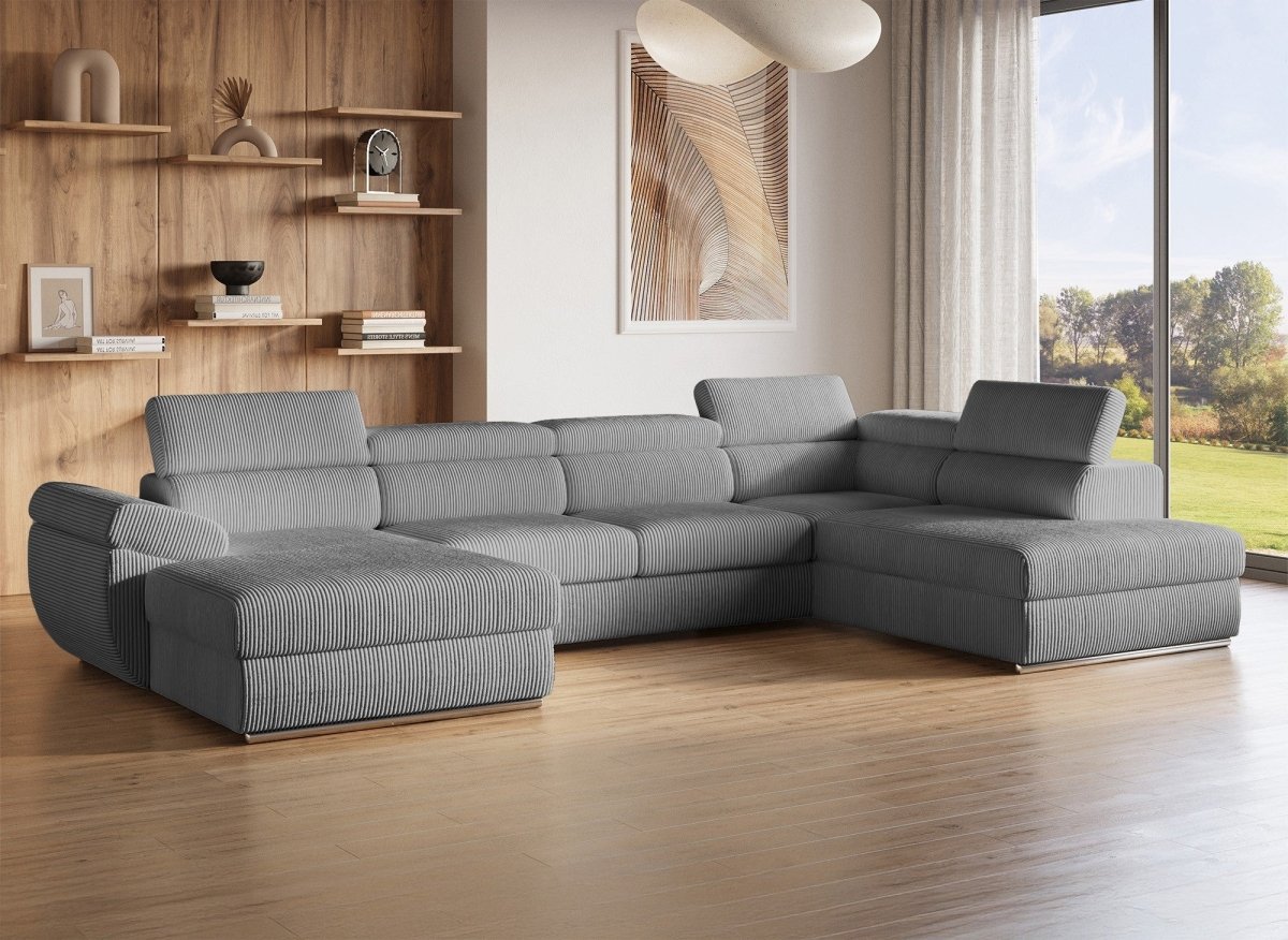 Canapé panoramique convertible avec coffre en velours côtelé épais gris MARIANO - Angle gauche - DécoInParis