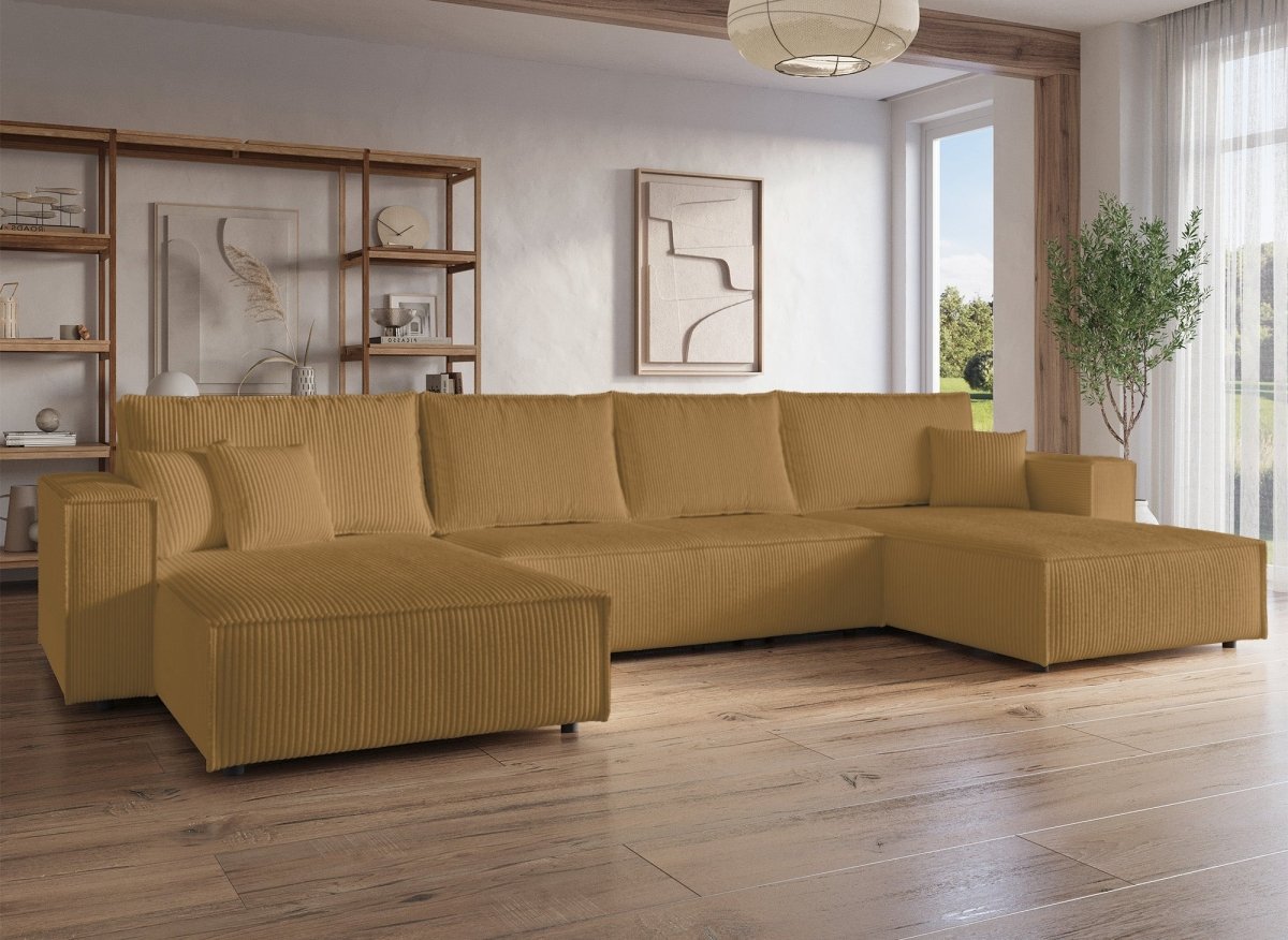 Canapé panoramique convertible avec coffre en velours cotelé moutarde - JADE - DécoInParis