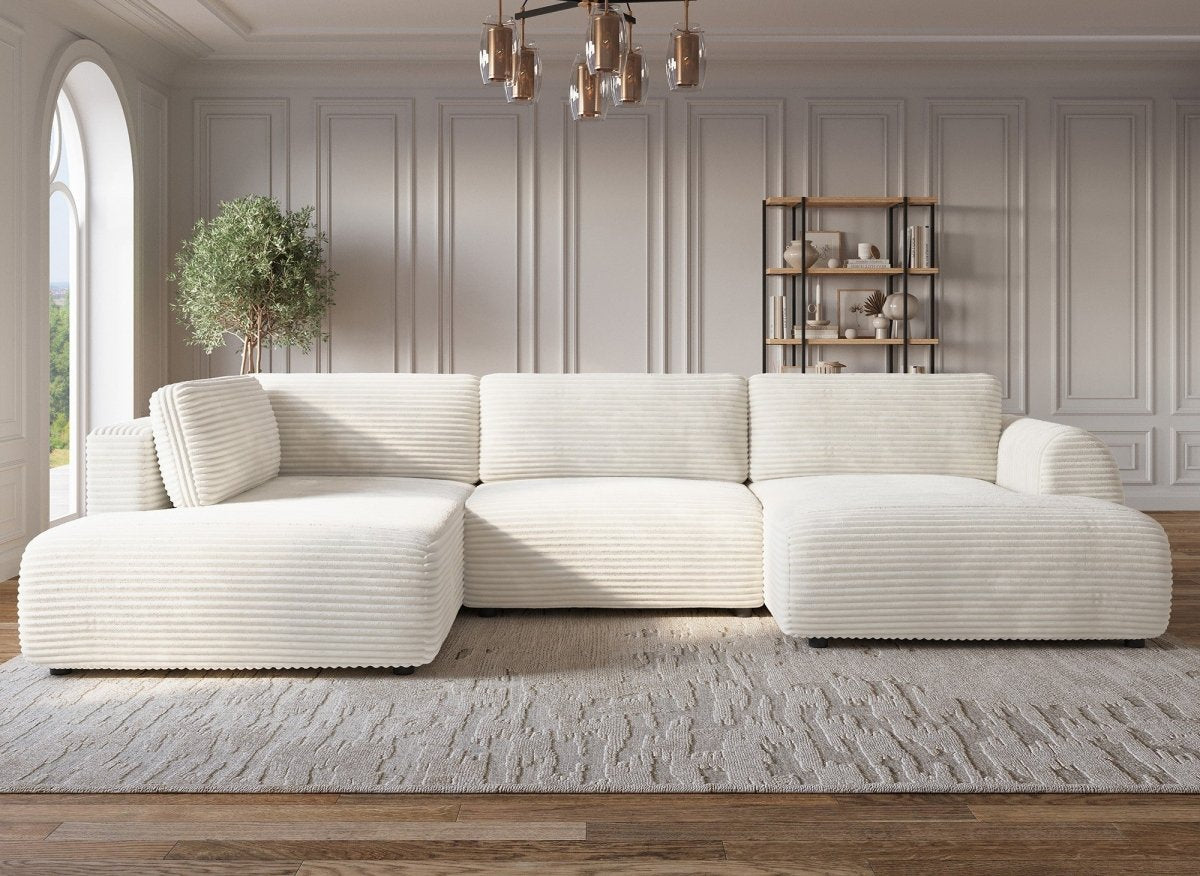 Canapé panoramique convertible avec coffre en velours gros côtelé beige TILDA - Angle gauche - DécoInParis