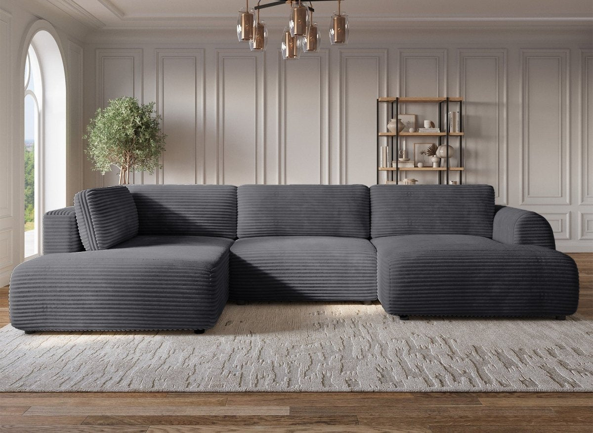 Canapé panoramique convertible avec coffre en velours gros côtelé gris TILDA - Angle gauche - DécoInParis
