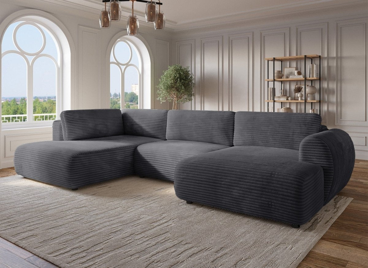 Canapé panoramique convertible avec coffre en velours gros côtelé gris TILDA - Angle gauche - DécoInParis